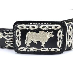 Mens Talabartería Black‎ Leather Belt Bull Embroidery Western Mexican Size 40